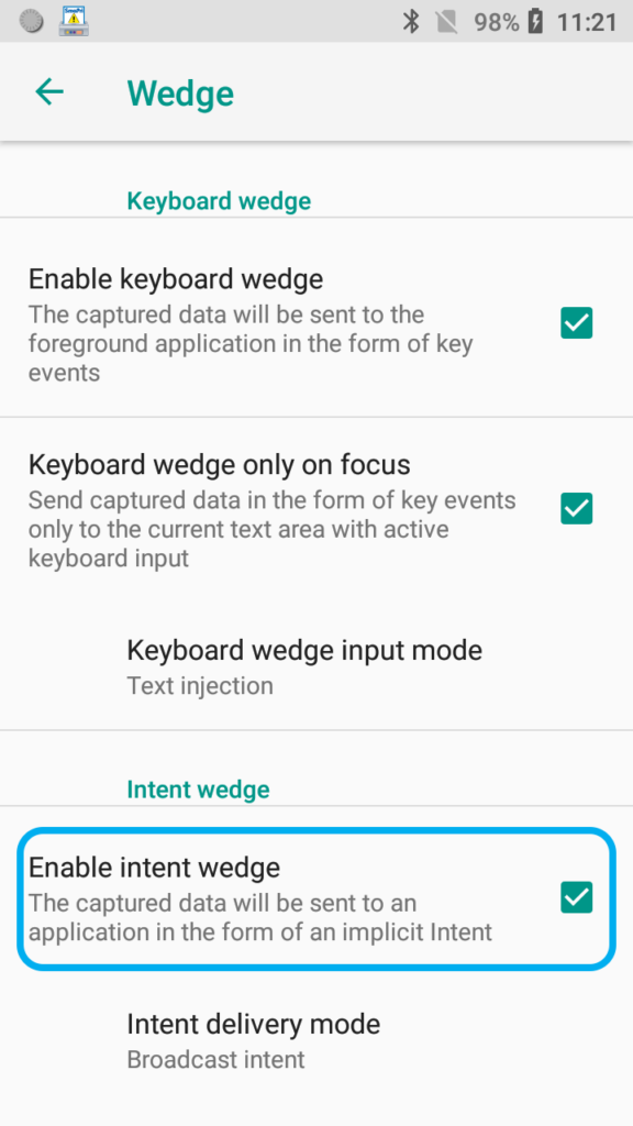Enable intent wedge checked